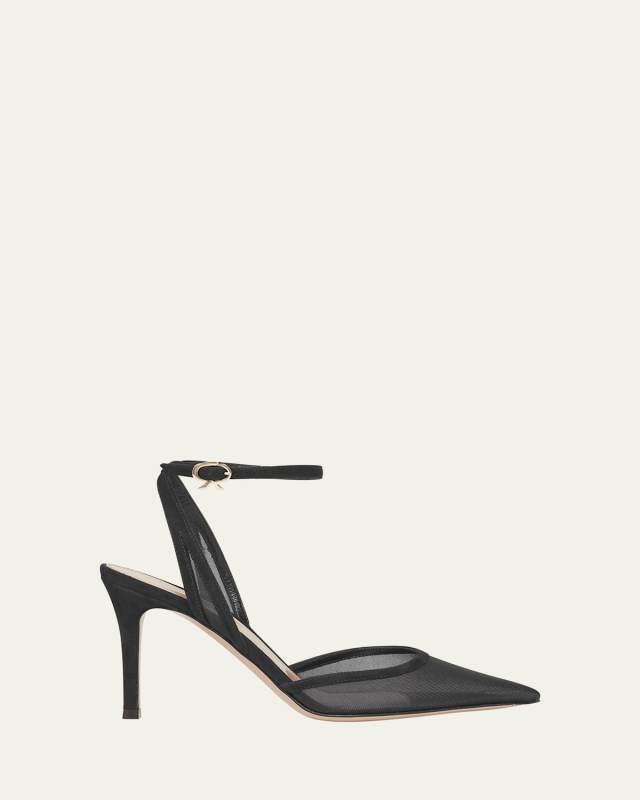 Suede Organza Ankle-Strap Pumps